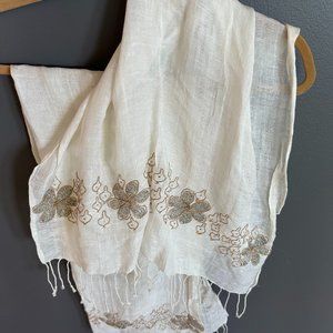 Cotton Linen Cream Scarf or Wrap with Embroidery and Silver Beading